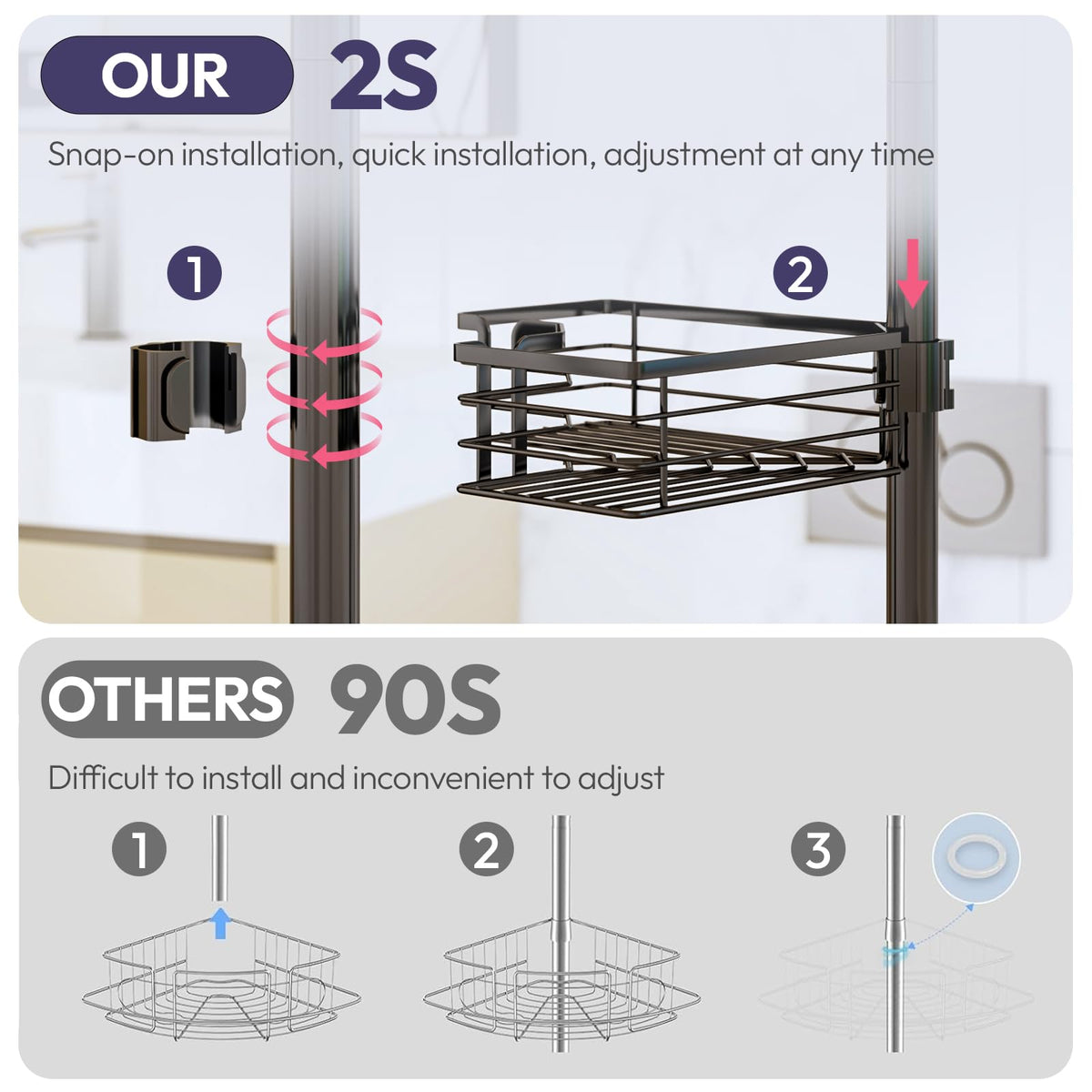 SWTYMIKI four-baskets-storage keeps shampoos and soaps neatly organized and accessible.