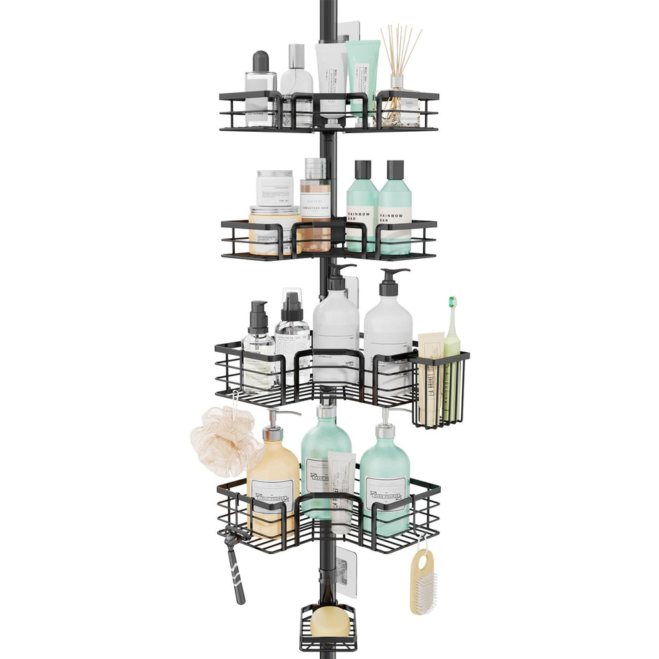 SWTYMIKI shower caddy tension pole offers stable 4-tier corner storage for any bathroom.