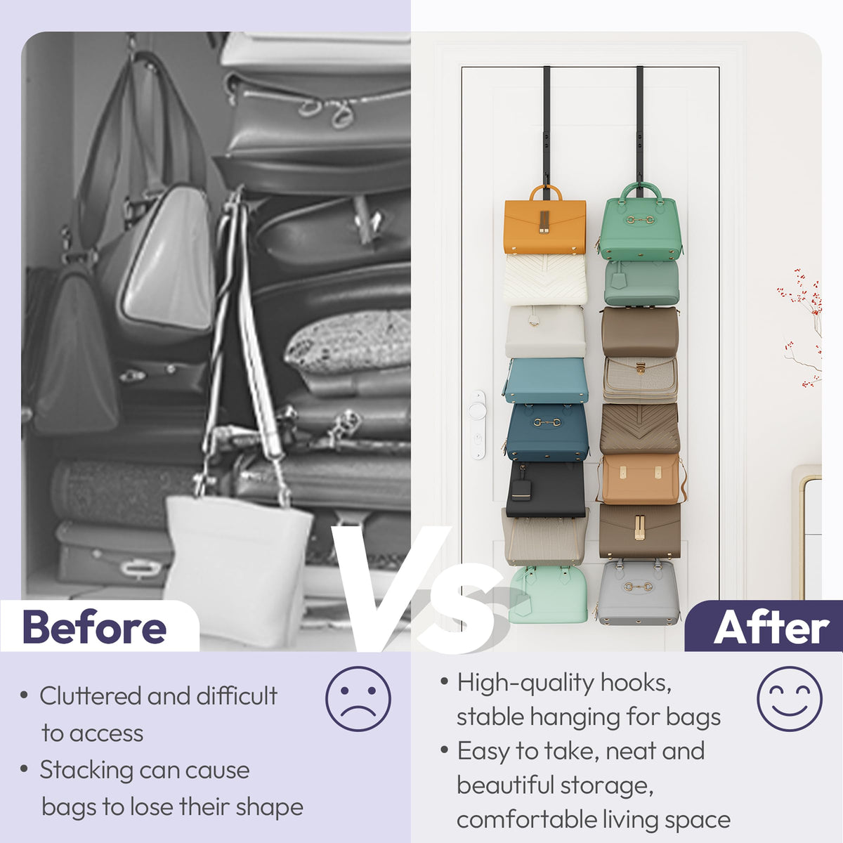SWTYMIKI hanging purse storage demonstrates versatile closet use for scarves and belts.