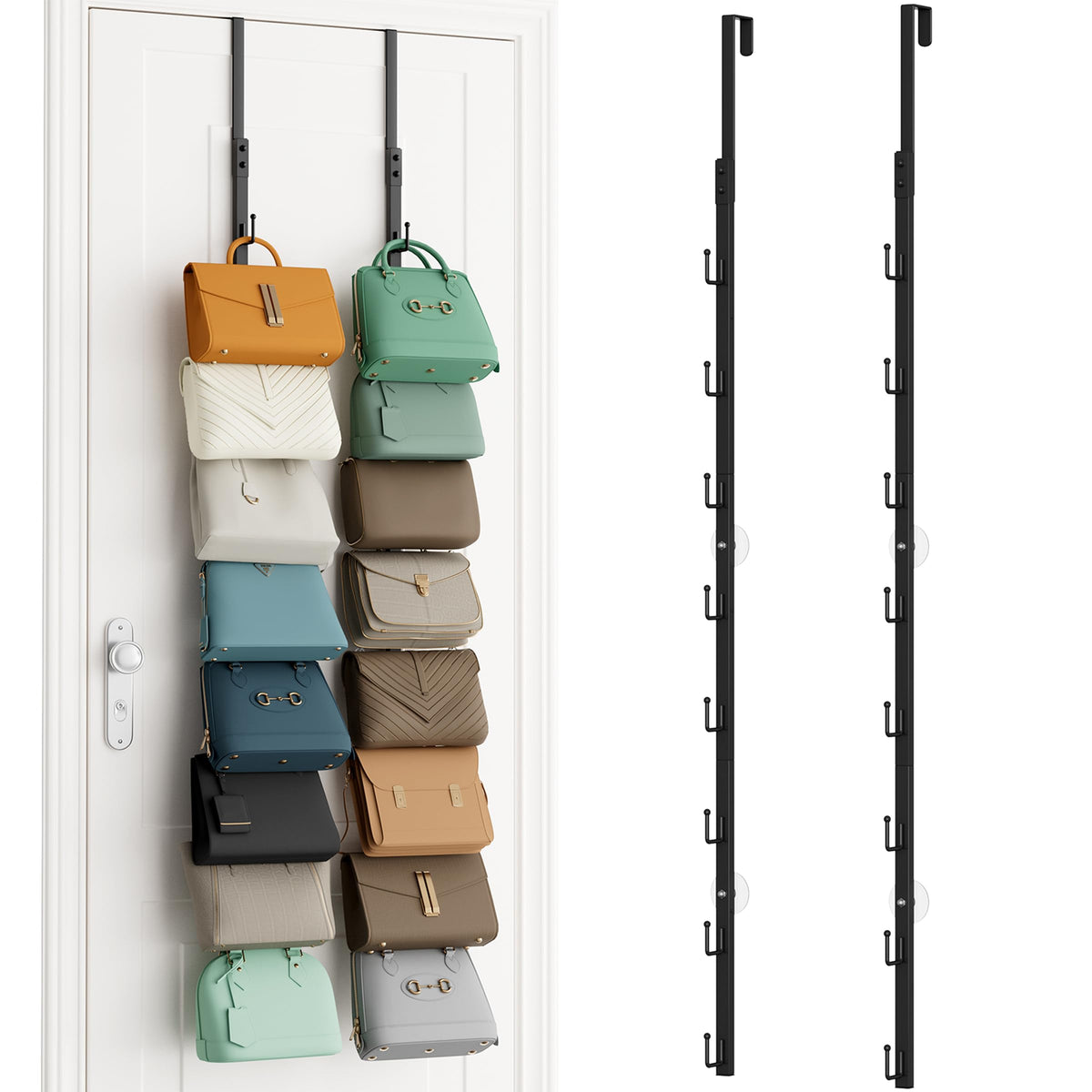 SWTYMIKI over-the-door purse organizer with 8 hooks holds up to 16 bags for easy access.