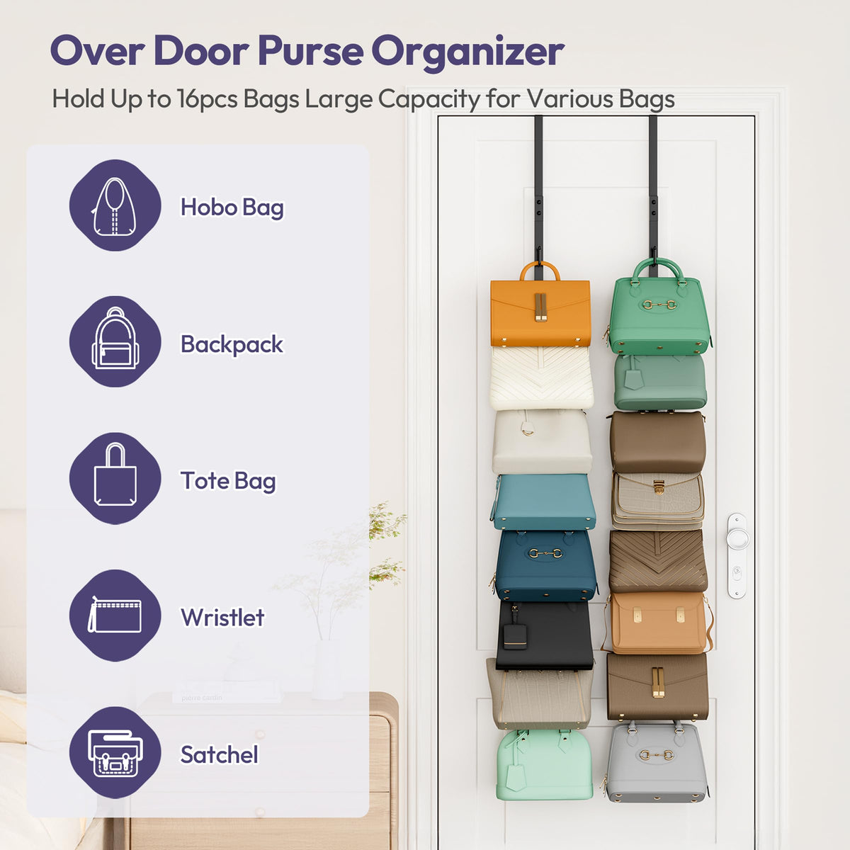 SWTYMIKI wall-mount purse rack keeps bags organized while saving floor space.