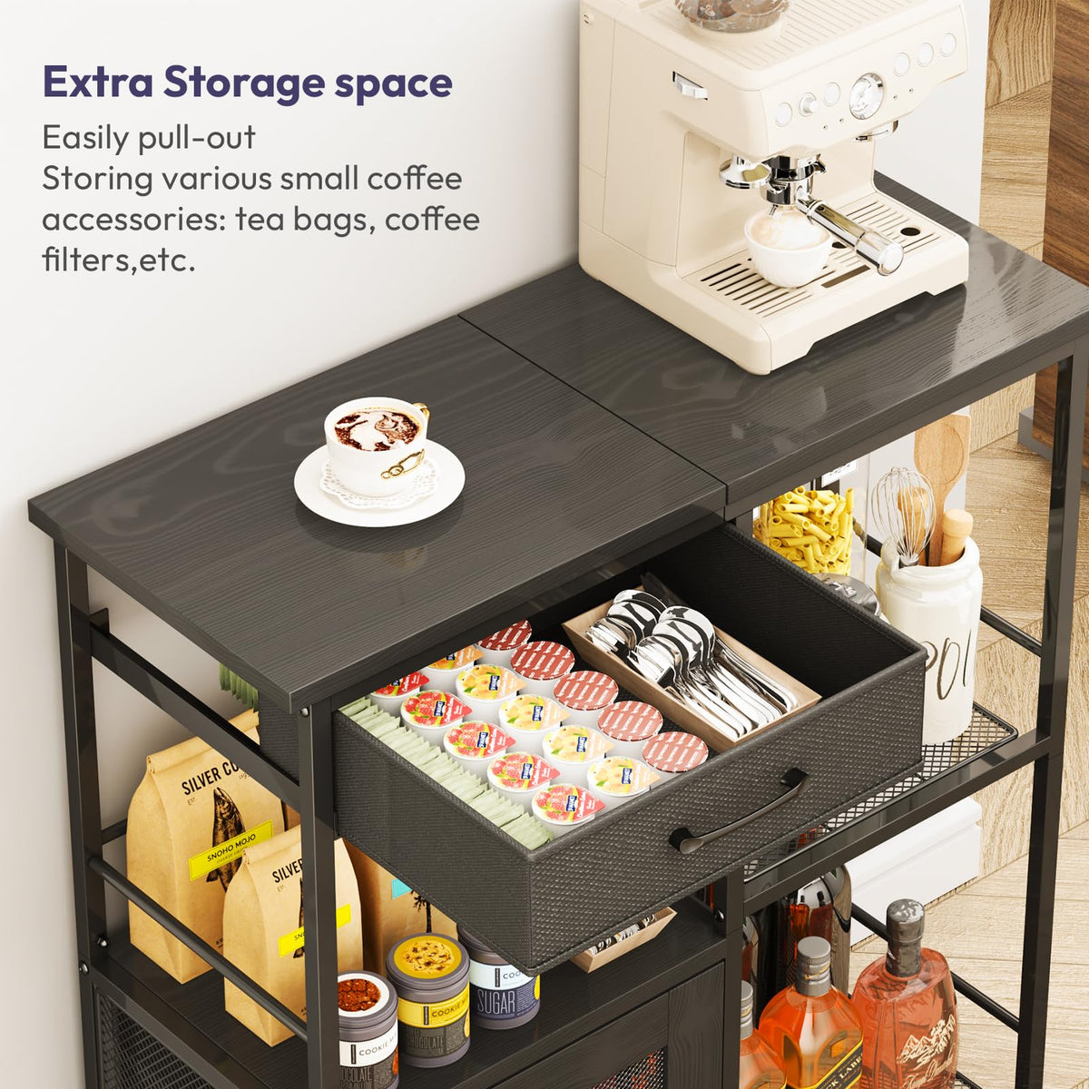 SWTYMIKI coffee bar cabinet in a small kitchen provides extra storage without clutter.