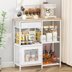 SWTYMIKI coffee bar cabinet front view highlights compact farmhouse design and multitasking surface.