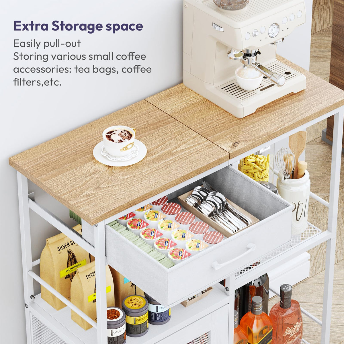 SWTYMIKI coffee bar cabinet with open drawer keeps beans and accessories organized.