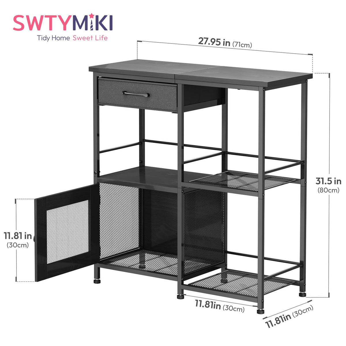 SWTYMIKI coffee bar cabinet features multiple shelves for organized essentials.