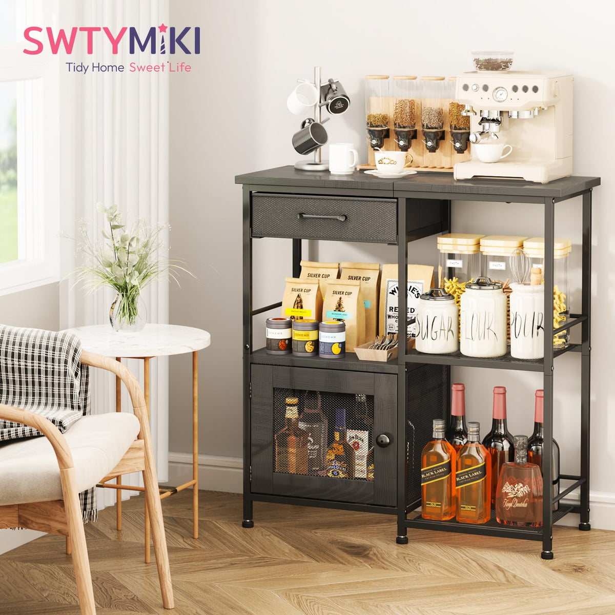 SWTYMIKI coffee bar cabinet see-through door and storage drawer keeping items neatly organized.