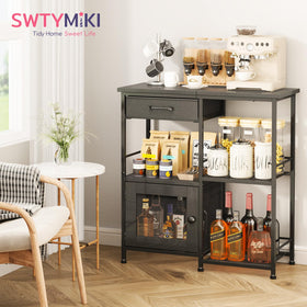 SWTYMIKI coffee bar cabinet see-through door and storage drawer keeping items neatly organized.