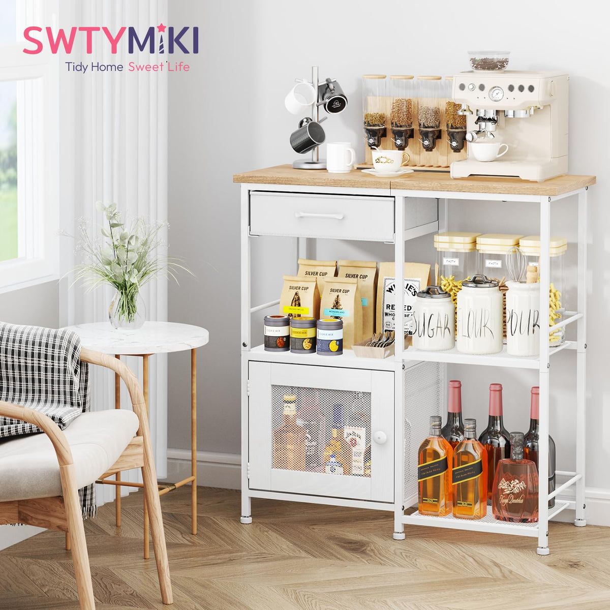 SWTYMIKI coffee bar cabinet side view shows sturdy wood and iron for daily use.