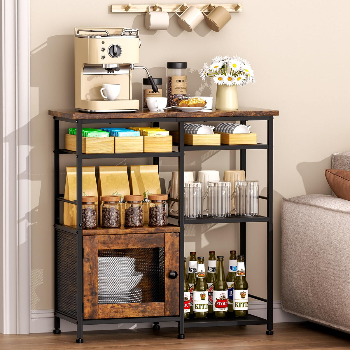 SWTYMIKI Coffee Bar Cabinet Station front view showing space-saving storage for mugs and small appliances