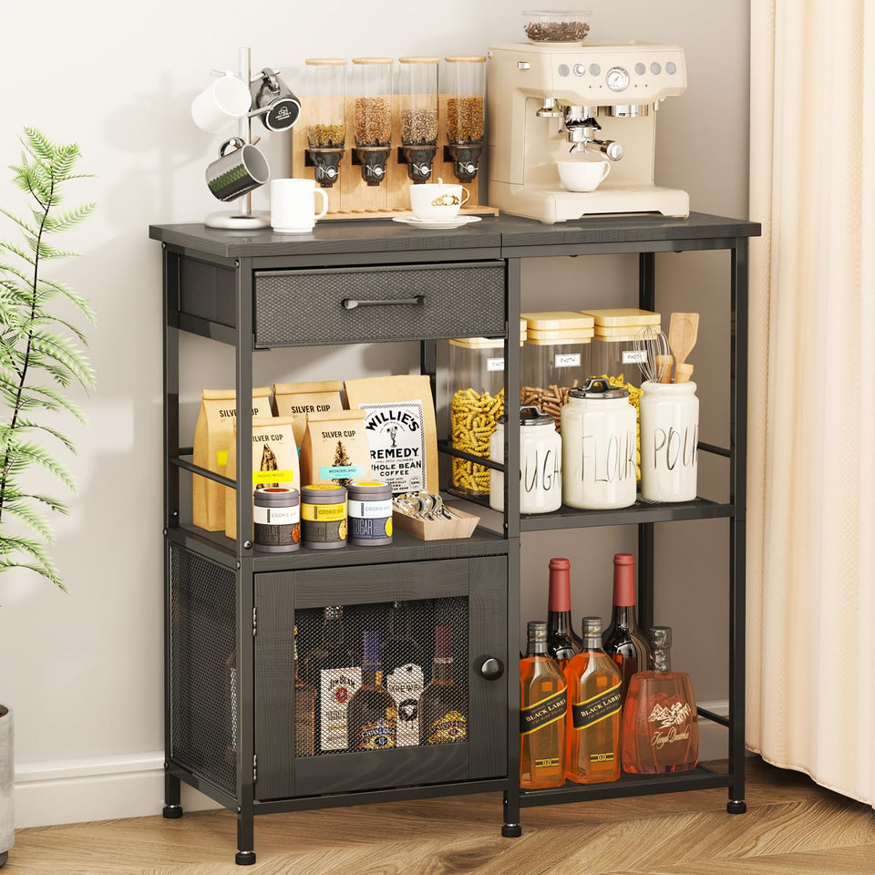 SWTYMIKI Coffee Bar Cabinet top area for coffee machine and cups, maximizing kitchen counter space.