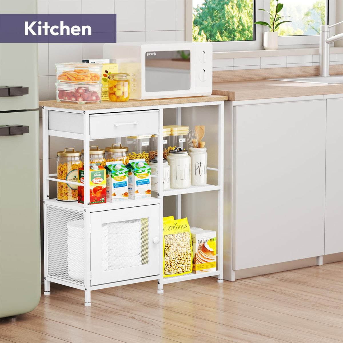 SWTYMIKI coffee bar cabinet top with espresso machine adds convenient counter space.