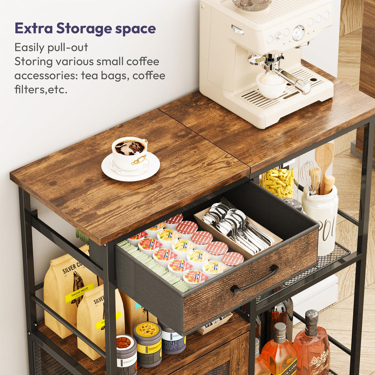 SWTYMIKI Coffee Bar see through door highlights stored items at a glance.