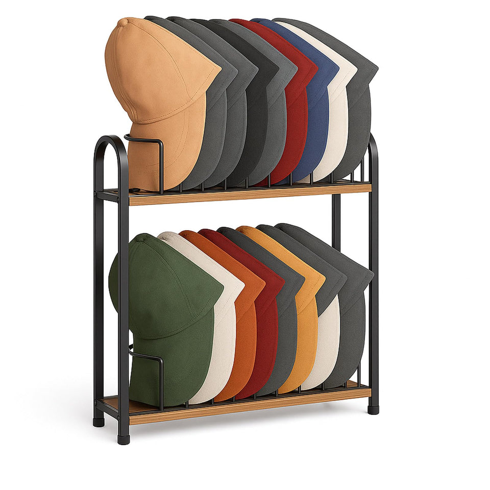 SWTYMIKI hat stand two-tier display keeps baseball caps neatly organized on a sturdy wood and metal frame.