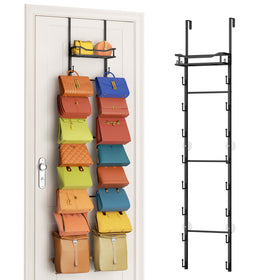 SWTYMIKI over-the-door purse organizer with 16 hooks keeping bags neatly displayed.