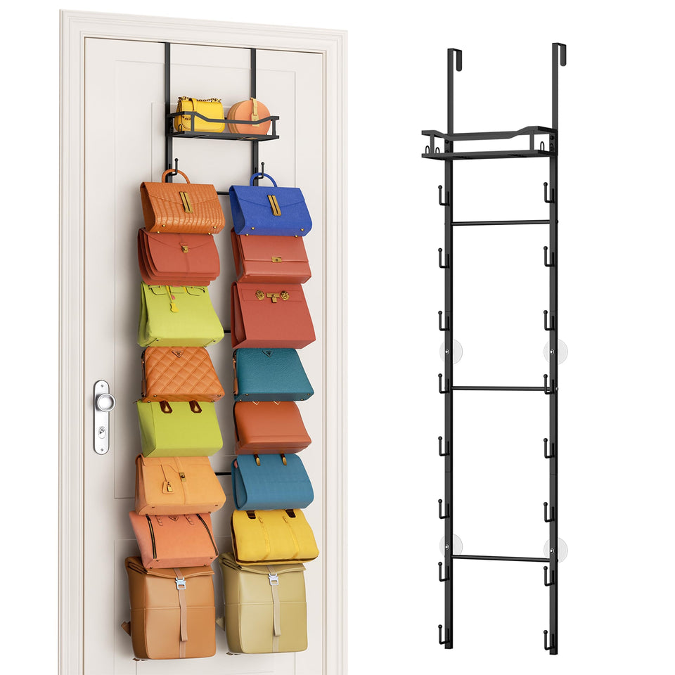 SWTYMIKI over-the-door purse organizer with 16 hooks keeping bags neatly displayed.
