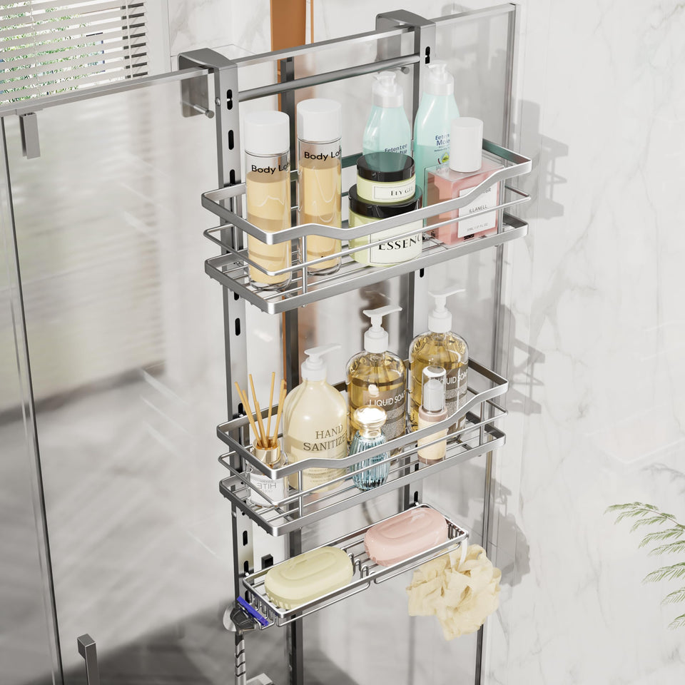 SWTYMIKI 3-tier over-the-door shower caddy with adjustable baskets for versatile storage.