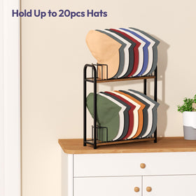 SWTYMIKI quick-assembly hat organizer with black metal frame and rustic wood tones.