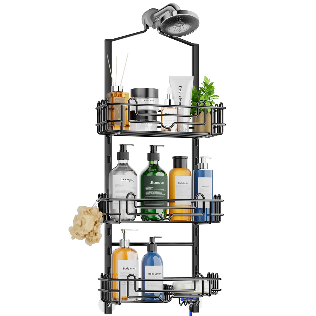 SWTYMIKI over-showerhead 3-tier caddy provides organized storage.