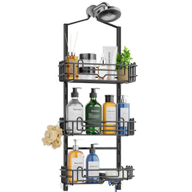 SWTYMIKI over-showerhead 3-tier caddy provides organized storage.