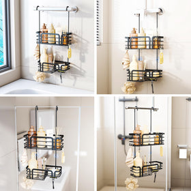 SWTYMIKI two-tier shelves store shampoos and soaps neatly.