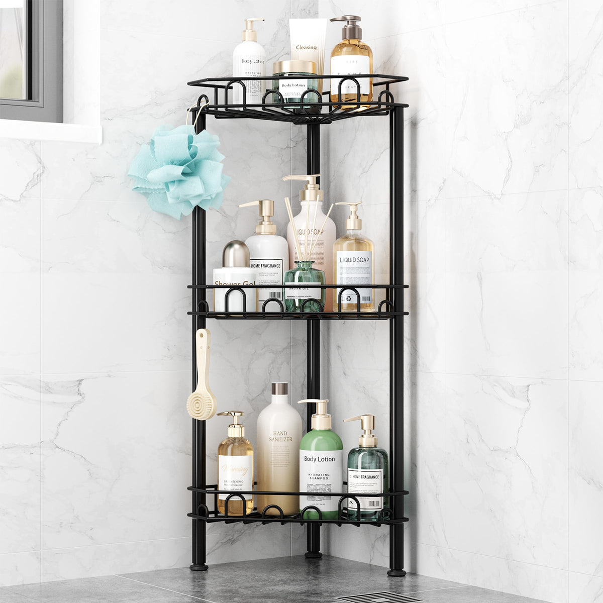 SWTYMIKI standing corner shower caddy 3-tier keeps bath essentials neatly within reach