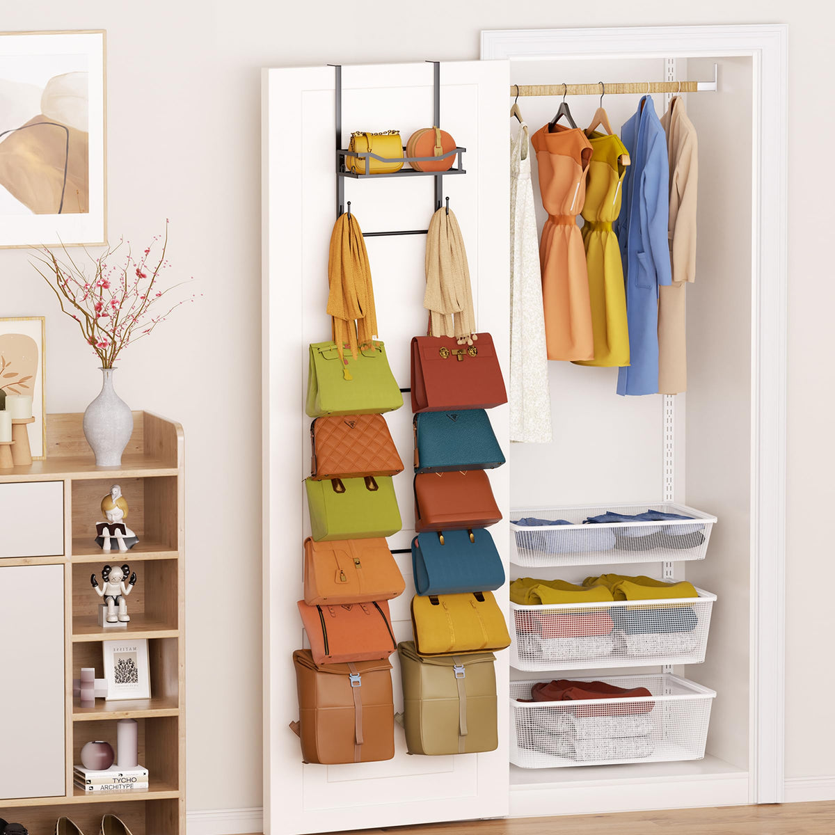 SWTYMIKI wall-mount option creates a sleek handbag display in bedrooms.