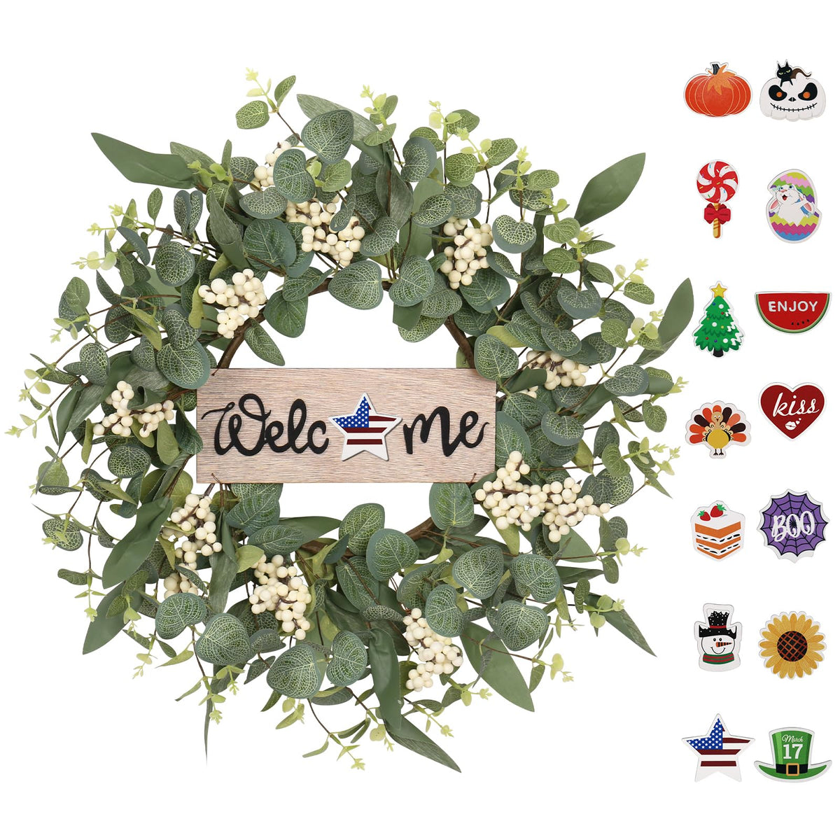 SY Super Bang 20-Inch Wreath with interchangeable sign for versatile year-round curb appeal.