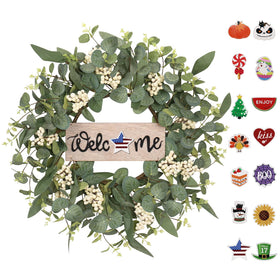 SY Super Bang 20-Inch Wreath with interchangeable sign for versatile year-round curb appeal.