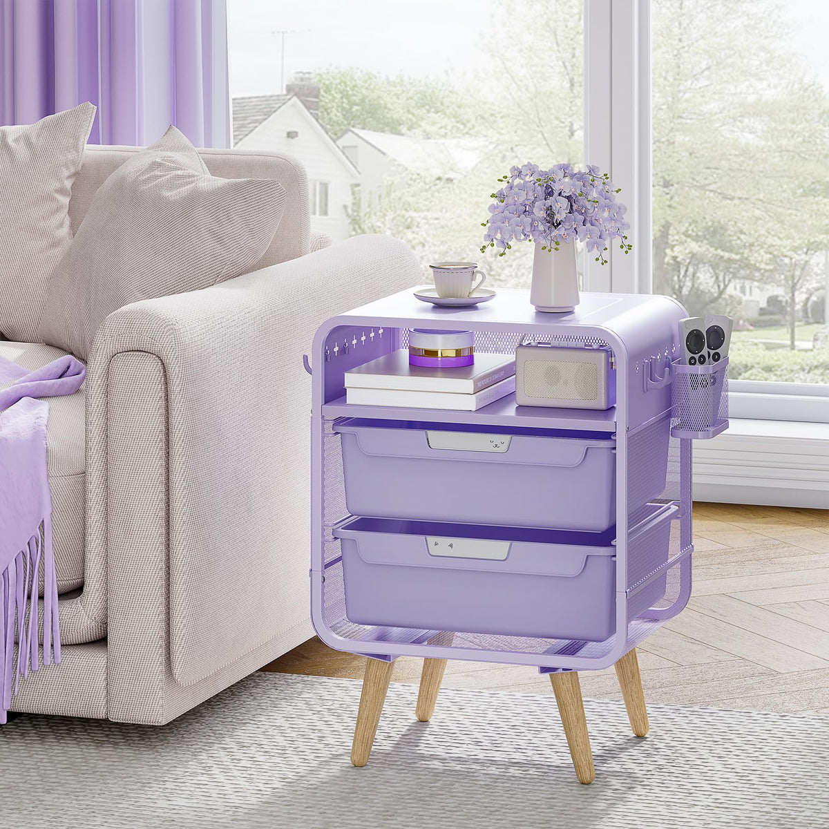 SYKIARIOL Kids Nightstand features four hooks for bags and accessories.