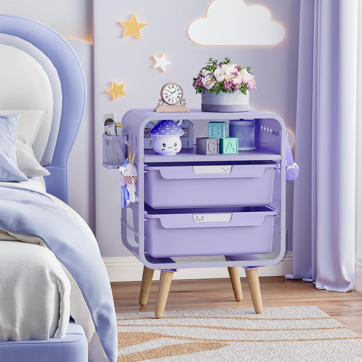 SYKIARIOL Kids Nightstand with hanging basket adds storage for headphones and plush toys.