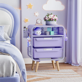 SYKIARIOL Kids Nightstand with hanging basket adds storage for headphones and plush toys.