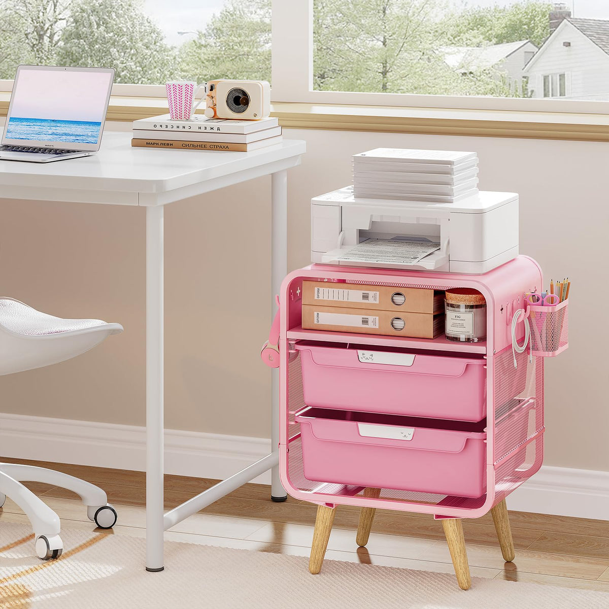 SYKIARIOL pink nightstand ships with easy assembly and support.
