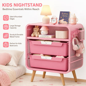 SYKIARIOL pink nightstand deep drawers for books and water bottles near the bed.