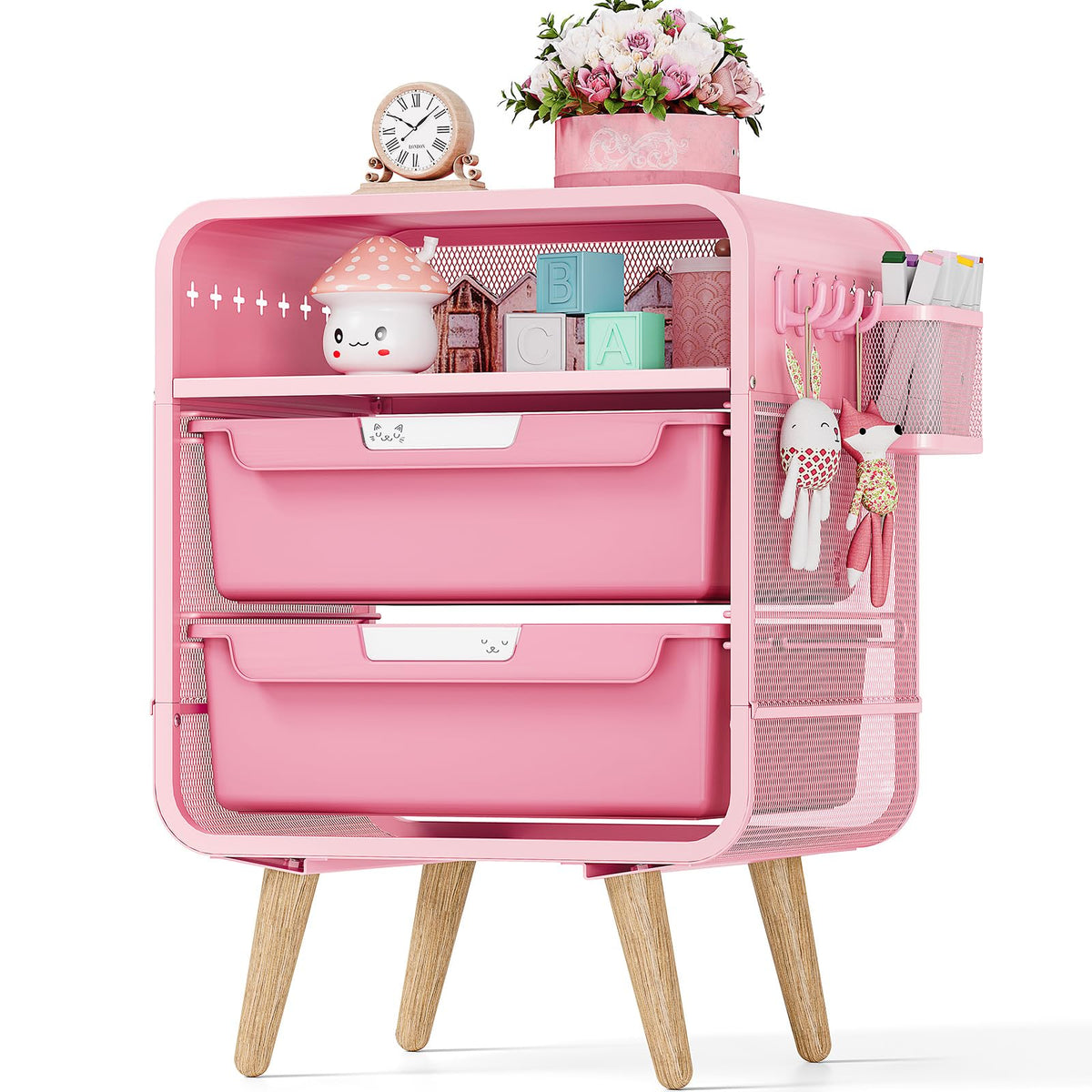 SYKIARIOL pink nightstand with two deep drawers keeps bedtime essentials organized.