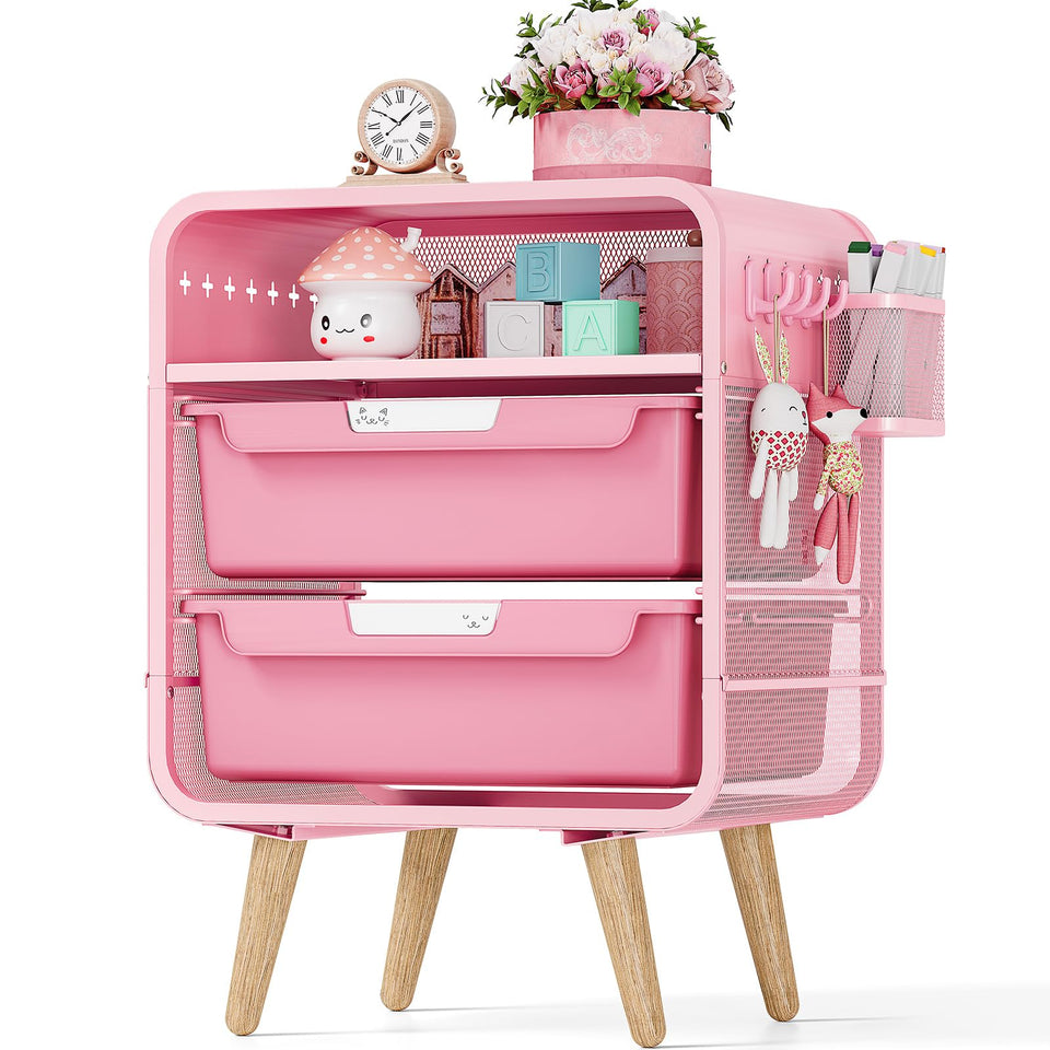 SYKIARIOL pink nightstand with two deep drawers keeps bedtime essentials organized.