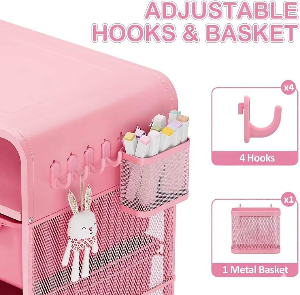 SYKIARIOL pink nightstand with four hooks for bags and accessories by the bed.