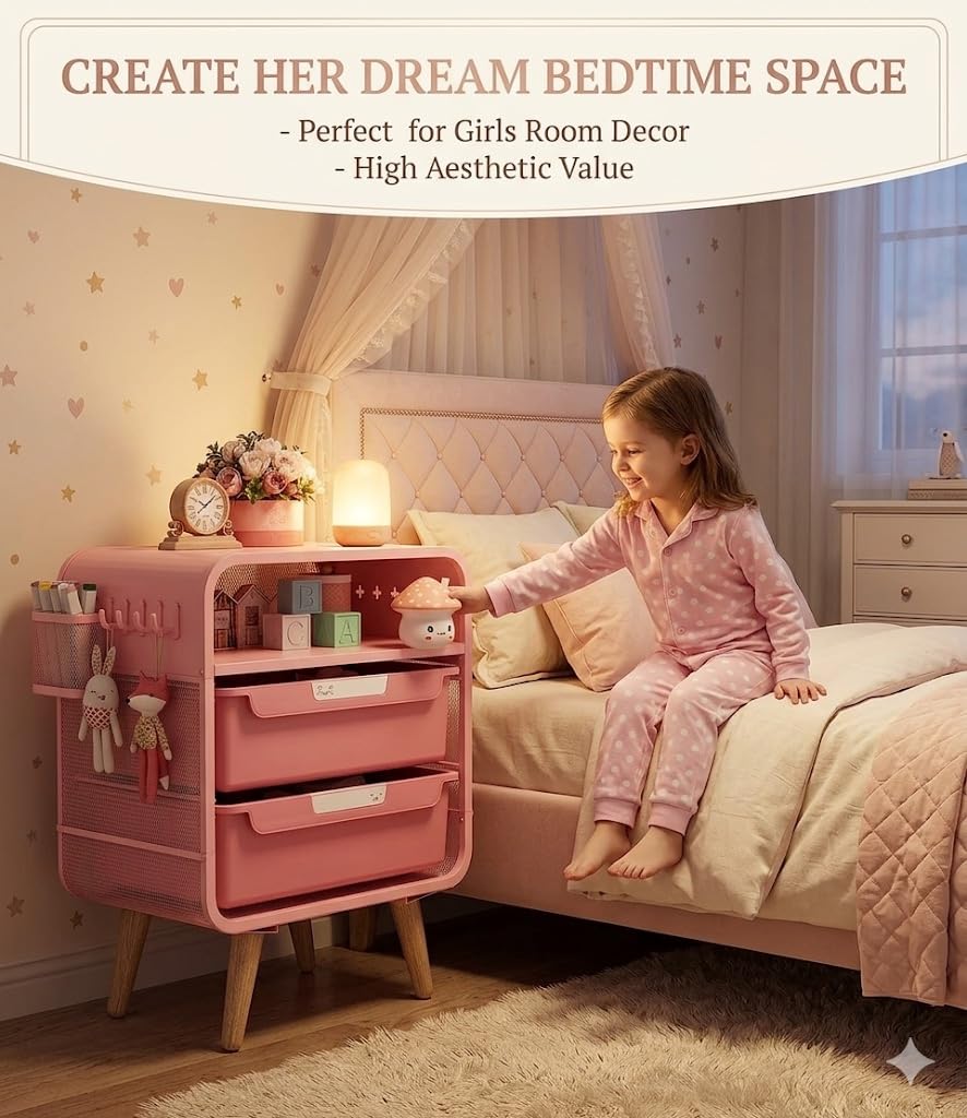 SYKIARIOL pink nightstand hanging basket adds toy and headphone storage.