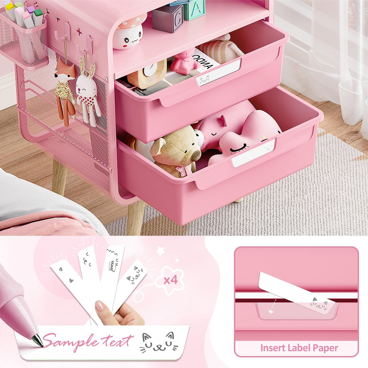 SYKIARIOL pink nightstand features a kid-safe powder-coated frame for durability.