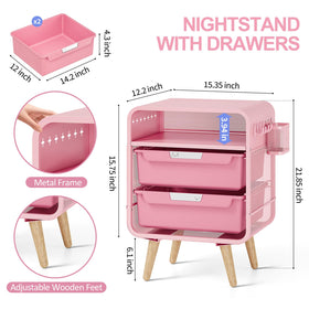 SYKIARIOL pink nightstand with label slots to personalize storage.