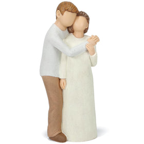 Symbullize elderly mom and son figurine hands touch; symbolizes care and intergenerational support.
