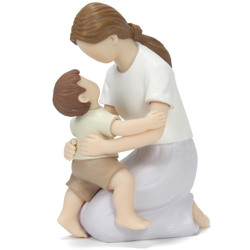 Symbullize hand-painted mother and son figurine front view for display of tender bond