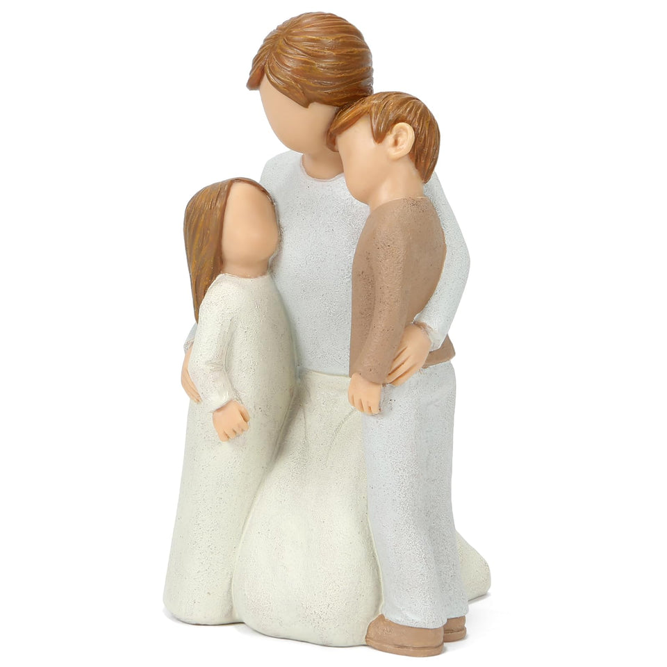Symbullize mom and two kids figurine with a tender embrace, ideal for shelf display.