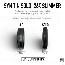 Syn Tin Solo anodized black finish under bright light demonstrates durable, premium protection.