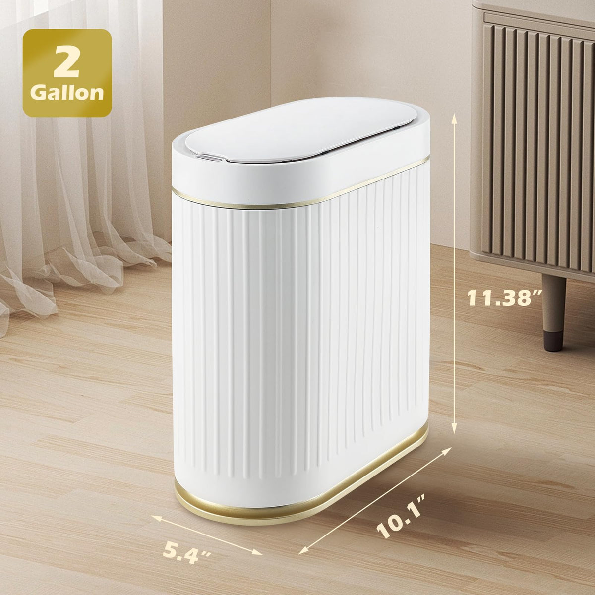 SYNCVIBE 2-gallon narrow-bin highlights space-saving design ideal for tight bathrooms.