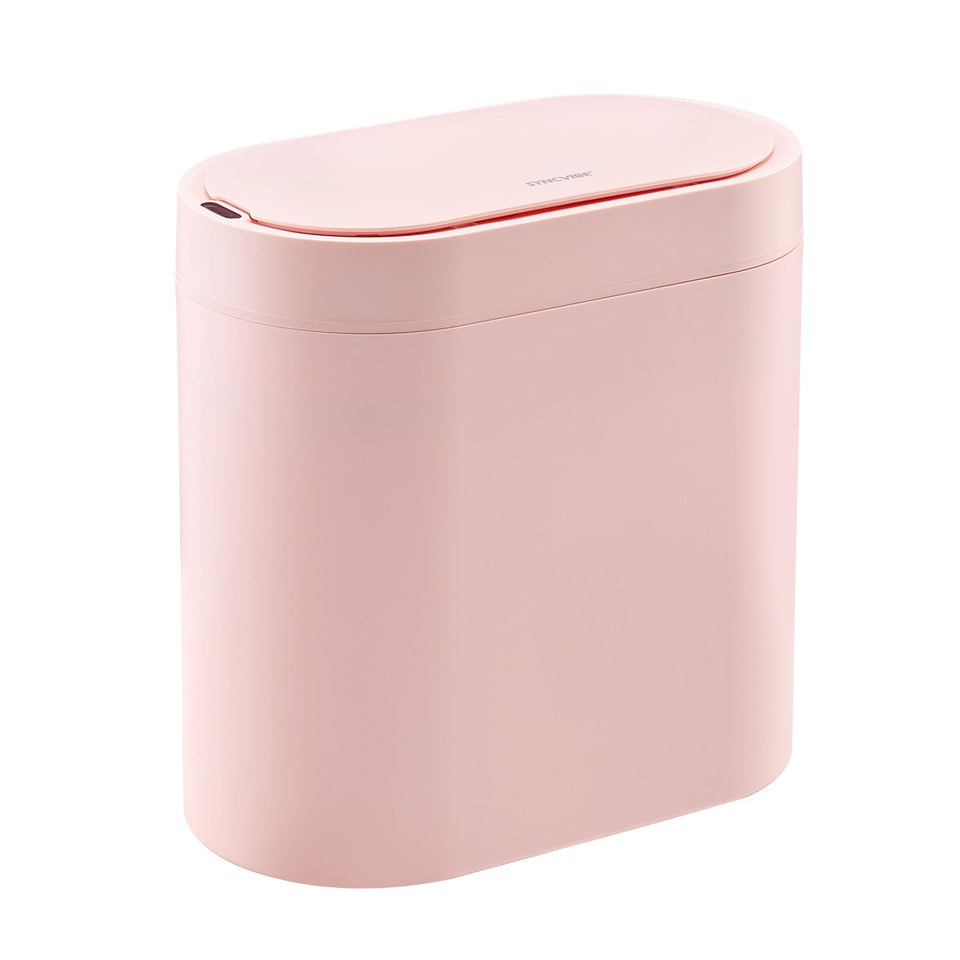 SYNCVIBE bathroom trash can with automatic lid opens hands-free for convenience.