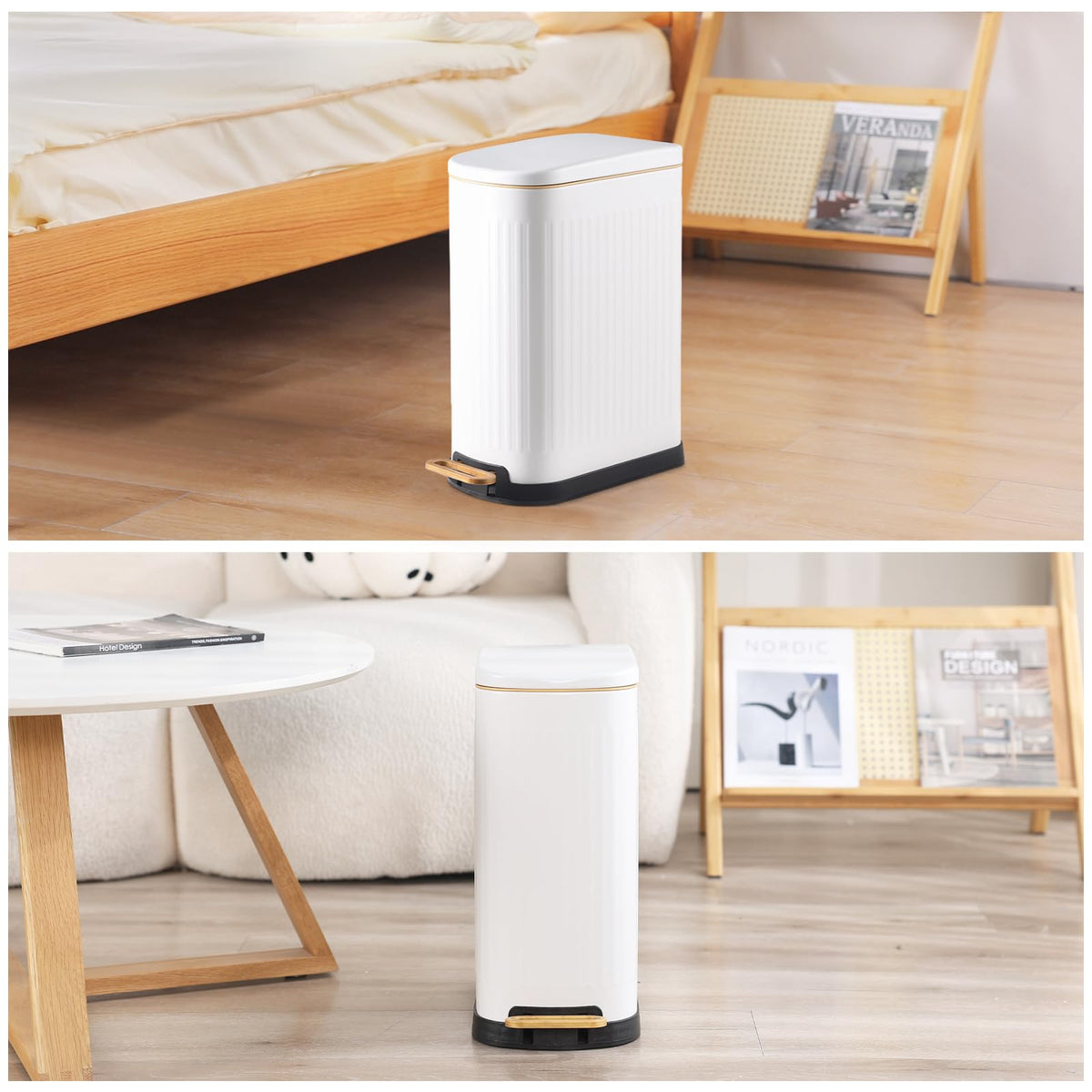 SyncVIBE slim trash can 3.5-gallon capacity for kitchens or offices.