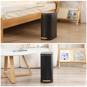 SYNCVIBE Slim Trash Can shown in kitchen, bathroom, and office settings.