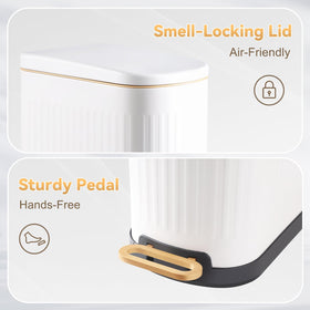 SyncVIBE slim trash can stays open at 90 degrees for easy bag changes.