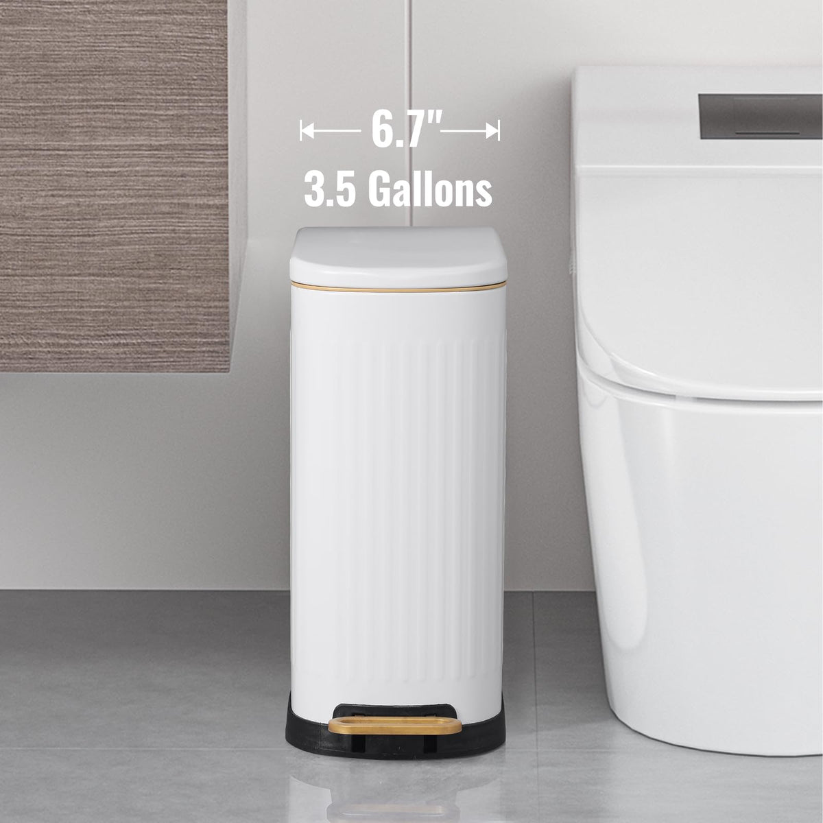 SyncVIBE slim trash can with step-pedal for hands-free operation.