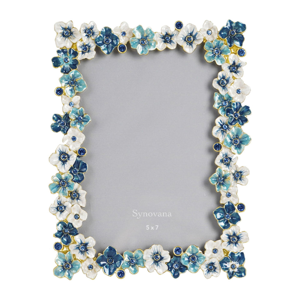 Synovana blue flower frame 5x7 on a dresser with elegant floral charm